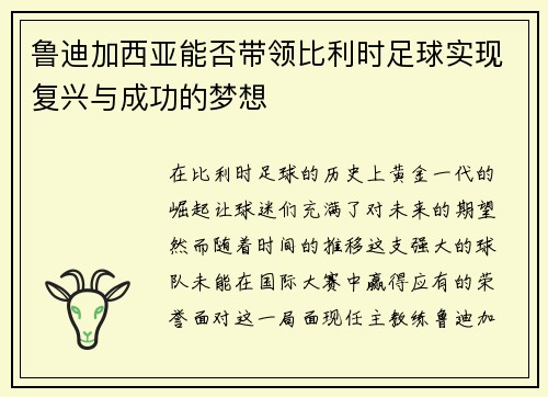 鲁迪加西亚能否带领比利时足球实现复兴与成功的梦想