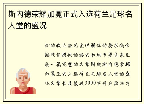 斯内德荣耀加冕正式入选荷兰足球名人堂的盛况 斯内德荣耀加冕正式入选荷兰足球名人堂的盛况